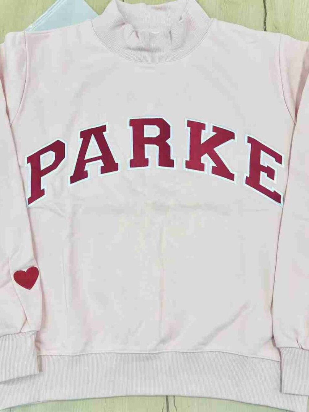 PARKE Light Pink Mock Neck Sweatshirt with Red Logo & Heart